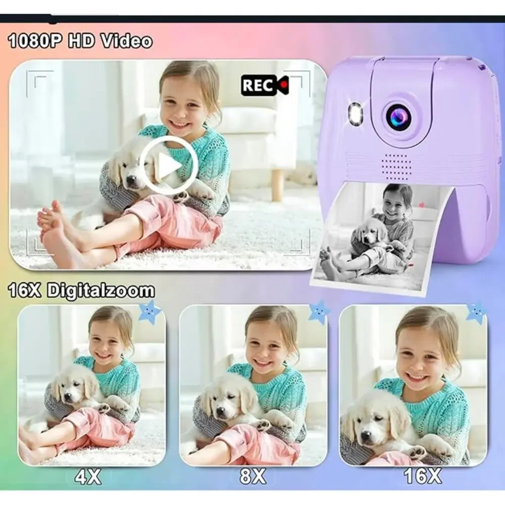 Kids Camera Instant Print - 1080P HD Instant Print 3 RollsPaper, 5Pens, 32GB